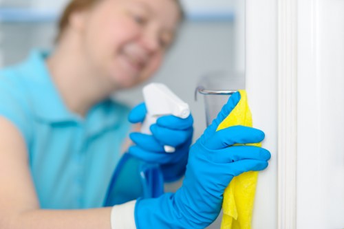 Team member applying chemical safety procedures in a cleaning environment